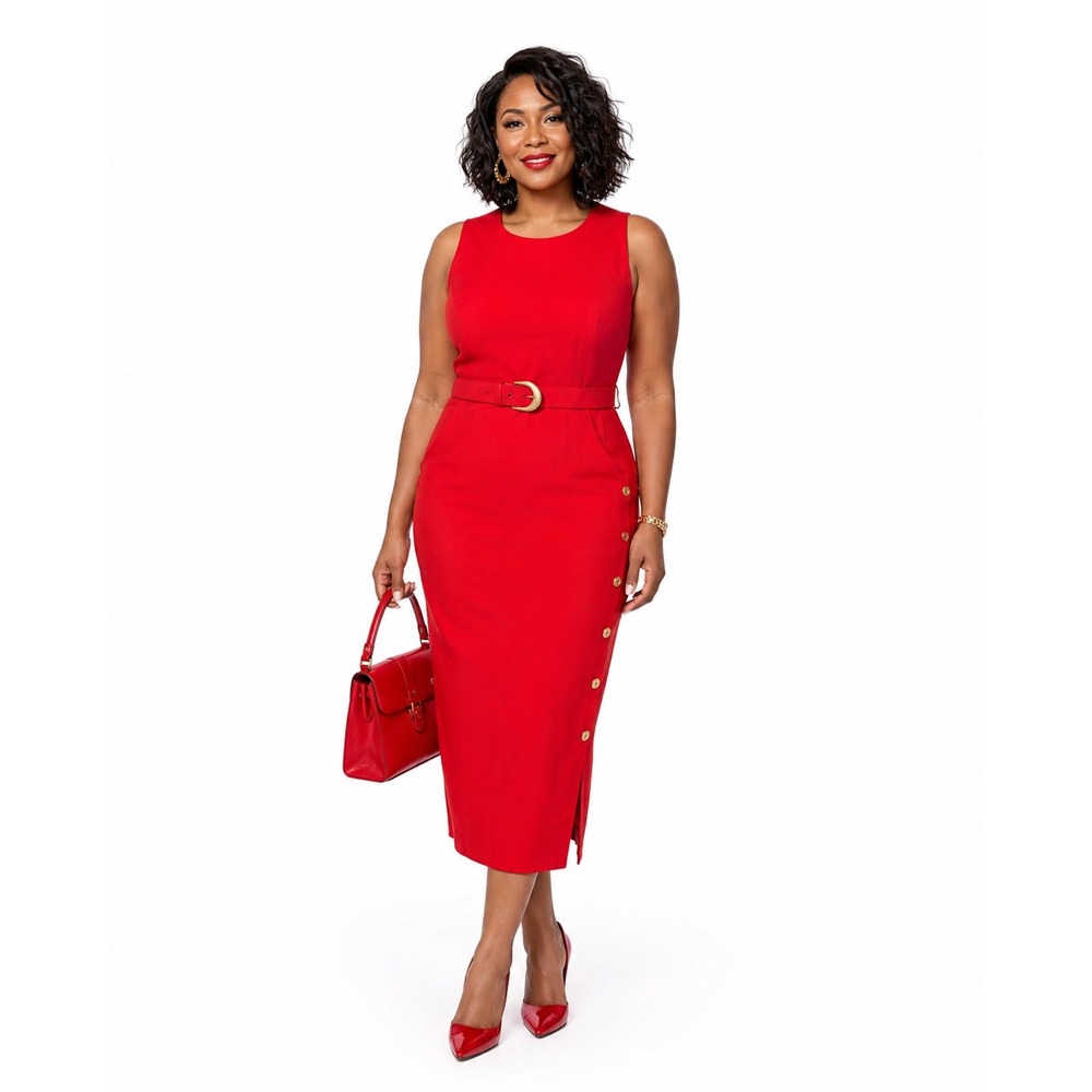 Donna Ricco Red Sleeveless Belted Midi Sheath Dress Size 12 Vintage
